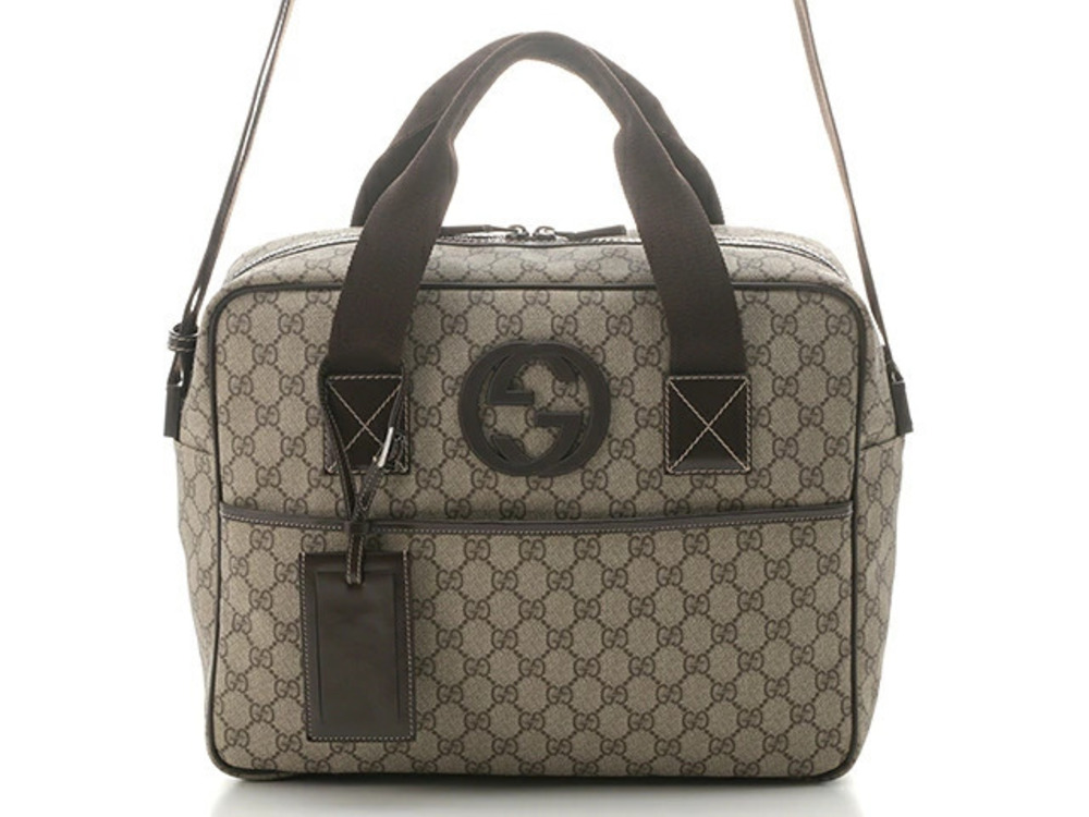 Gucci Bag Briefcase Business GG Plus Dark Brown Beige Cream Calfskin